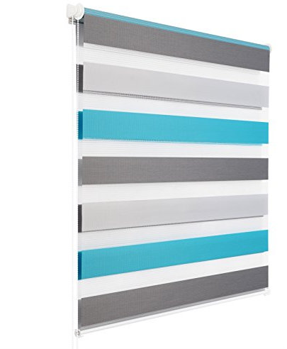 WOLTU Doppelrollo Klemmfix ohne Bohren Weiß+Grau+Türkis B45 x H150 cm, Duo Rollo lichtdurchlässig Fensterrollo für innen verdunkelnd, Zebrarollo mit Kettenzug - Seitenzugrollo für Fenster und Tür
