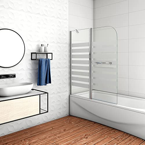 Duschabtrennung Badewannenaufsatz 120x140cm Duschwand Badewanne 6mm Nanobeschichtung Satiniert Sicherheitsglas Querstreifen mit Handtuchhalter Links