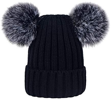 Martin Kench Damen Strickmütze mit Doppel-Fell-Bommel und Fleece Futter, Winter-Mütze, Bommelmütze (Schwarz,M: 36-60cm)