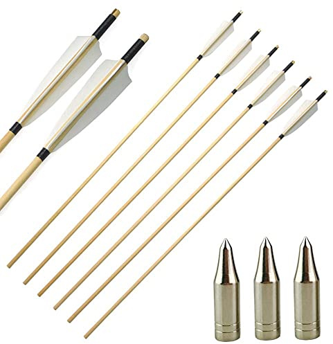 AMEYXGS 6/12pcs Holzpfeile mit Naturfedern 31zoll Pfeile für Bogen Übungspfeile Bogenpfeile für Langbogen Traditioneller Bogen und Recurve Bogen (typ 3, 6pcs)