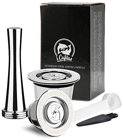 i Capsule Nepresso réutilisable Cafilas, capsules Nepresso rechargeables en acier inoxydable compatibles avec la machine Nepresso Original Line (1 dosette, 1 sabotage) (2 Pod 1 Tamper)