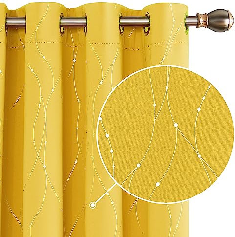 Deconovo Dot Line Decorative Super Soft Thermal Insulated Energy Saving Blackout Curtains for Living Room Mellow Yellow 46 x 72 Inch 2 Panels
