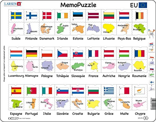Larsen Puzzles GP2 MemoPuzzle EU Länder, Flaggen & Hauptstädte, Französisch Ausgabe, Lernspiel für Kinder & Erwachsene, 54 Teile, Geografie Rahmenpuzzle