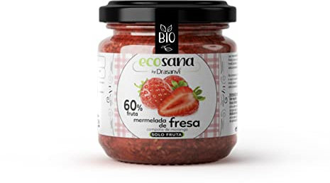 Drasanvi ECOSANA Mermelada de Fresa sin Azúcar Bio,con Vitaminas del Grupo B, Vitamina C, Minerales y Omega 3 |Fuente de Energía, Antioxidante | Deliciosa y Endulzada con Zumo de Uva,250 g