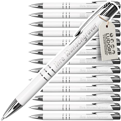 #teamludorf GAMMA 25 x Metall-Kugelschreiber mit Wunsch-Gravur - Personalisierte Kulis - Stift mit Namen - 14 Farben & 20 Schriftarten - 25 Stück - Weiß