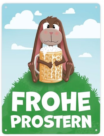 Frohe Prostern betrunkener Osterhase Metallschild XXL in 28x38 cm für Ostern lustige Osterdekoration Blechschild zu Ostern mit Osterhase der den Bierkrug umarmt