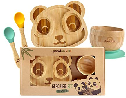 pandoo Set di stoviglie per bambini in bambù e silicone a ventosa | Set di stoviglie, regalo per battesimo