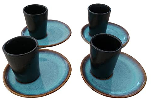 PintoCer - Juego de Tazas para Café Espresso en Ceramica de Gres Negro sin Asa con Platillo Azul, 4 Unidades (Paquete de 4)