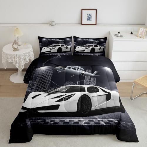 Feelyou Bettwäsche-Set für Rennwagen, Flugzeug, Schwarz/Grau/Weiß, Speed-Sportwagen-Bettwäsche-Set für Kinder, Teenager, Rennwagen, Extremsport-Bettwäsche-Set, Schlafzimmer, Dekor, Steppdecke,
