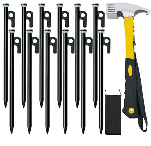 Zelthering mit Hammer, 12 Stück, 30,5 cm, robuste Zeltheringe + 25,4 cm Campinghammer + Aufbewahrungstasche, geschmiedete Stahlpfähle für Camping auf Felsen, Grasland (12 Stück 30,5 cm Zeltheringe und