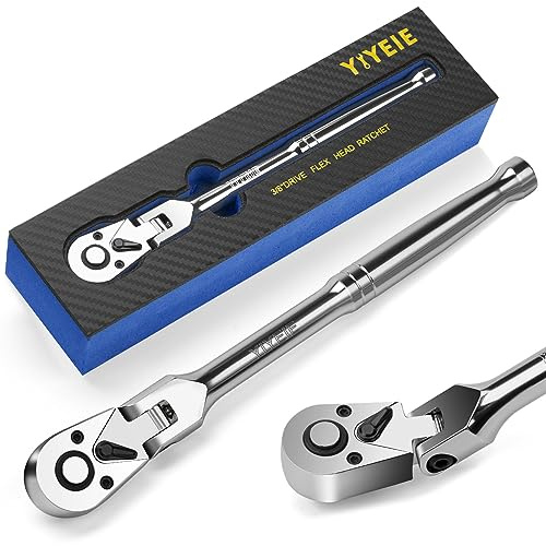 YIYEIE 3/8 Drive Flex Head Ratchet, 72 Tooth Swivel Head Ratchet, Quick-Release, CR-V Steel, Flexible Ratchet Wrench with EVA Foam | 10 Inch Long