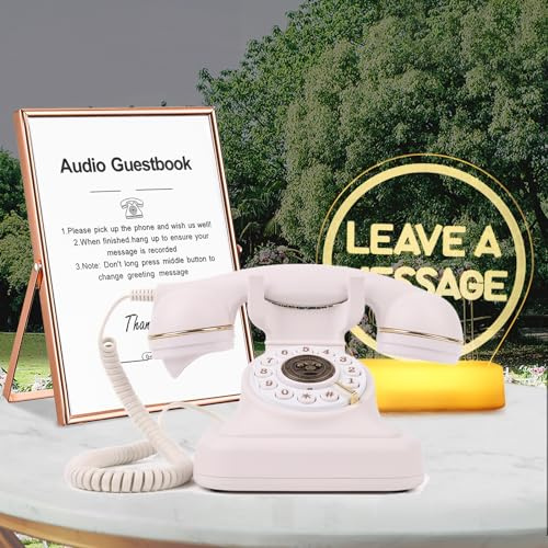 QUOXO Audio Guest Book Phone Antique Retro Style Audio Guest Book Phone with Free LED Wedding Sign and Vertical A5 Photo Frame (White)