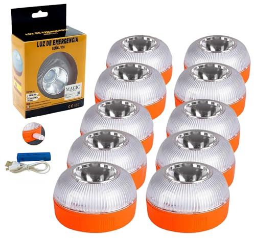 MAGIC SELECT 10X Luz de Emergencia V16 para Señalización en Carretera de Coche y Moto. Luz Amarilla Intermitente y Blanca Fija, Encendido Automático, Base Imantada y Batería Recargable. NO TIENE GPS