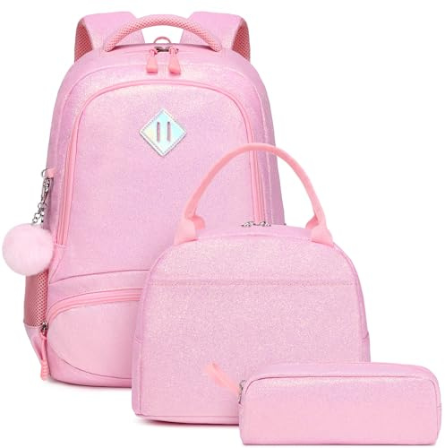 Skolväskor för flickor glitter ryggsäck regnbåge skolväska set enhörning ryggsäck för barn ryggsäck flickor vardaglig dagväska för skola, resor, Glitter glöd rosa, En storlek, Moderiktig, ungdomlig