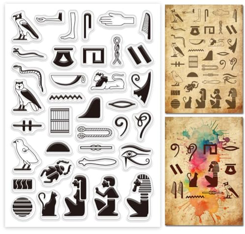 GLOBLELAND Klarer Stempel Mit Ägyptischen Hieroglyphen Und Wörtern Zur Kartengestaltung Altägyptische Glyphen Alphabet Klarer Silikonstempel Magische Runen Transparenter Stempel