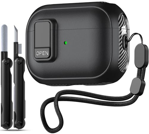 [Security Lock] Inesore Case Compatible with Airpods Pro 2nd Generation, Carbon Fiber Design Protection Case for AirPods Pro 2 with Wrist Strap, Low Profile Design Comes with Cleaning Pen, Black