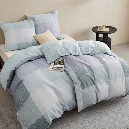 BEDSURE Bettwäsche 135x200 4teilig - Blau Violett Plaid, 2x80x80 Kissen | Mikrofaser Bettwäsche-Sets Wendebettwäsche, Oeko-TEX Bedding mit Reißverschluss, Extra Weich & Atmungsaktiv