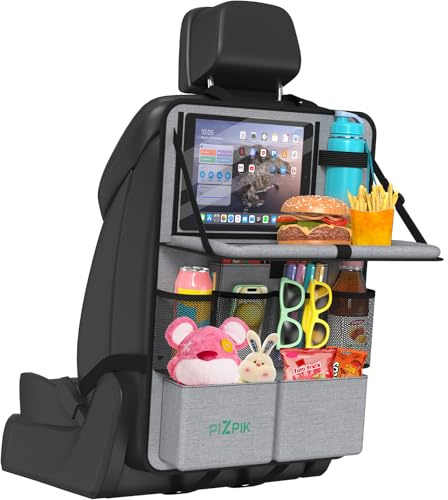 Plzpik Auto Organizer,2 Große Rückenlehnenschutz,Autositz Organizer Kinder mit Klapptisch, 12 Taschen,wasserdichter Rücksitzschutz für Kinder, Auto Reisezubehör Organizer (Grau, 1 Stück)