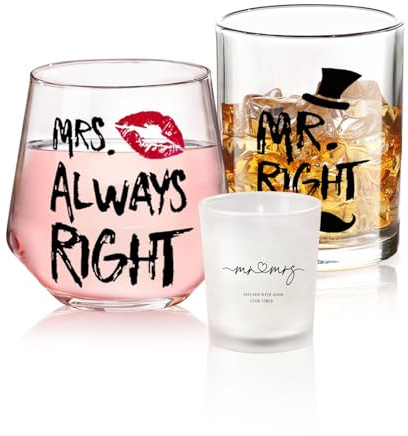 Yalucky Cadeaux de mariage, de fiançailles, cadeaux amusants pour couple Mr Right et Mrs. Always Right, verres à whisky, cadeaux d'anniversaire de mariage, cadeaux de mariage pour mariée et marié