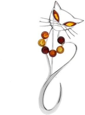 Sterling Silver 925 Cat Amber Brooch, Cognac Cherry Yellow