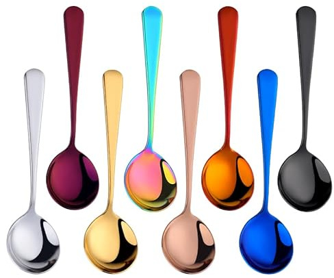 Broth Round Spoon Set, 8 Piece Mix Colours Reusable Stainless Steel Dinner Table Cereal Soup Spoon, 16 cm Camping Ramen Spoons，Dishwasher Safe