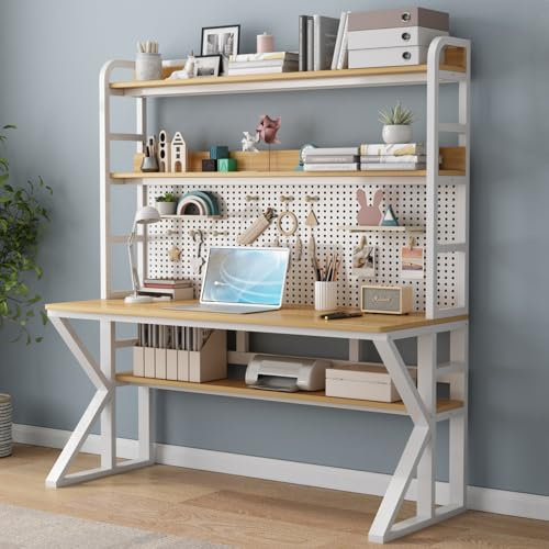Computertisch aus Massivholz mit Ablagen und Stecktafel, moderner Schreibtisch für Zuhause, Büro, Arbeitszimmer, großer stabiler Schreibtisch