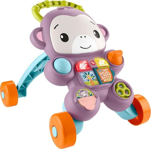 Fisher-Price Baby Push Toy Learn With Me Purple Monkey Walker Musical Learning Activity with Lights for Infants Ages 6+ Months, JLD58