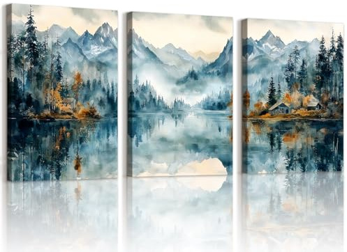 WENGTIAO 3 Pcs Aquarell Berg See Leinwand Bilder Kunstdrucke mit Rahmen | Natur Wald Baum Nebliger Berg Abstrakt Gemälde auf Leinwand Wohnzimmer Schlafzimmer Wanddeko 40x60cmx3