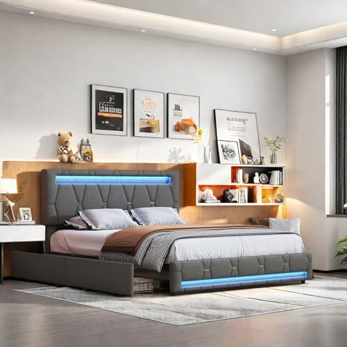 Polsterbett 160x200 cm mit 4 Schubladen, Doppelbett mit Stauraum, Funktionsbett mit LED und Verstellbares Kopfteil, Jugendbett Stauraumbett Bettgestell mit Holz Lattenrost, Leinen, Grau, Ohne Matratze