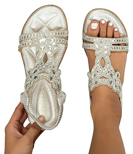 Sandalen Gold, Sandalen Damen Sommer Elegant Boho Flache Sandalen mit Strass Glitzer T-Riemen Sommerschuhe Flip Flops Weichen Sohlen Bequem Sandaletten Freizeit Gummiband Slingback Strandsandalen