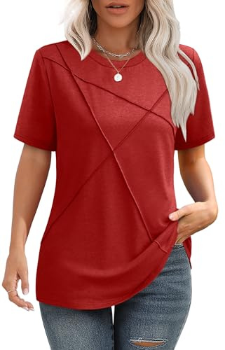 Womens Blouses Dressy Casual Summer Short Sleeve Tunic Tops to Wear with Leggings Pleated Red 3XL