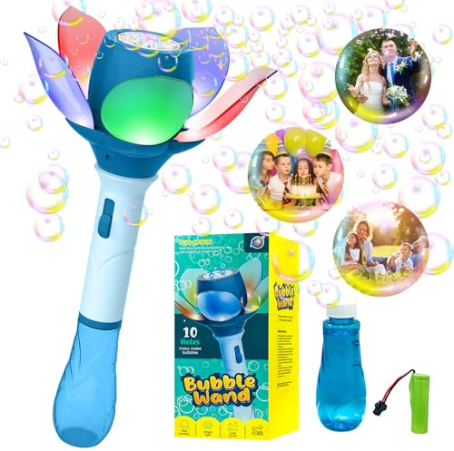 ALEENFOON Lotusbubbelmaskin för barn, elektrisk bubbelstav med uppladdningsbart batteri/lampor/bubbellösning, automatisk blombubbelmaskin för barn, födelsedagspresenter, utomhus, fest, bröllop