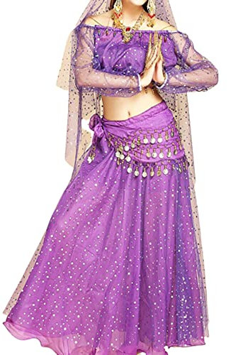 purpleq Women's 6 Pcs Belly Dance Costume Sets,Karneval Bauchtanz Kostüm Bollywood Indian Dancing Performance Dress,Lila,XL