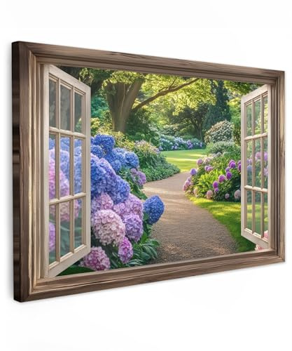 MuchoWow© Cuadros Decoracion Salon Modernos 120x80 cm para Dormitorios Cuadro Decorativos de Salon Lienzos Decorativo Pared Decoracion Lienzo Modernos Jardín - Ventana - Hortensias - Flores