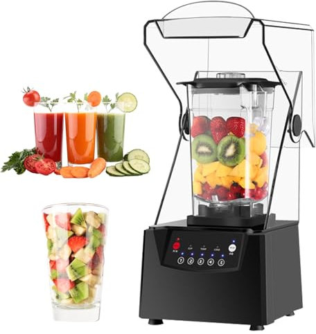 Blender Commercial Silencieux 2L, Mixeur à Glace Pilée 17000 /Min avec Capot Insonorisé, Appareil Cuisine pour Fruits, Lait, Smoothies, Boissons