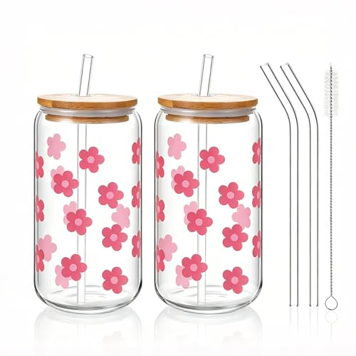 2Stk 16Oz Matcha Gläser Trinkglas Becher Glas mit Deckel und Strohhalm | Blumen Glasbecher Trinkbecher Bubble Tea Becher Iced Coffee Glas für Cocktail Saft Smoothie Milch Party Bar Café
