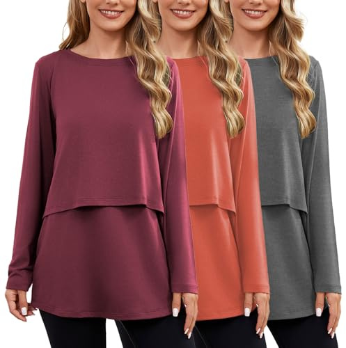 Ecavus Women's 3Pack Maternity Nursing Shirts Long Sleeve Double Layer Breastfeeding Shirts Comfy Pregnancy Clothes