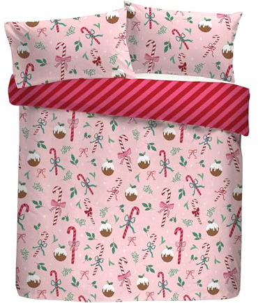Fusion Festive Fancy Christmas Duvet Cover – Double Size 200x200cm – Reversible Pink Bedding with Candy Cane & Mistletoe Print – 2 Pillowcases – Soft Cotton Blend
