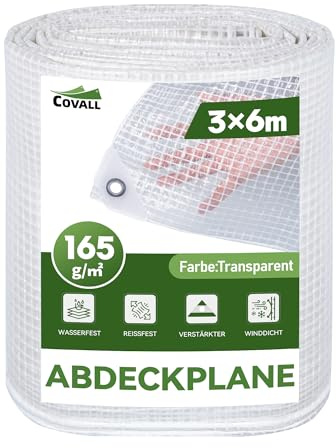 COVALL Bâche Transparente Extérieur 3x6m Dimensions Finies, avec Oeillets, Haute Résistance 165 g/m² Armée, Imperméable, Idéale pour Serre, Jardin, Poulailler et Protection Balcon Contre la Pluie
