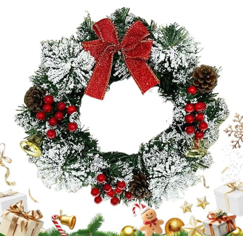 Corona Navideña Exterior,Corona Festiva con Bayas Lazo Y Campana - Guirnalda Festiva Artificial Realista para Chimenea Porche Pared Ventana Puerta Principal Hogar Restaurante Hotel