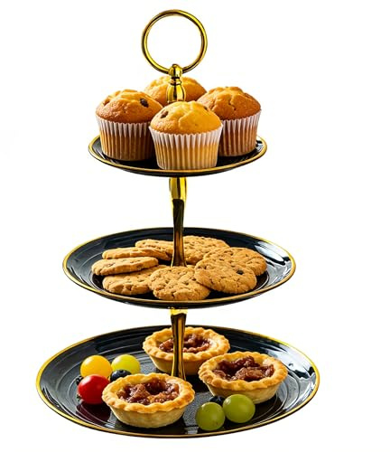 Allbusky Cake Stand Cupcake Holder, Pastry Tiered Serving Tray, Dessert Plates Cakes Fruit Cookie Candy Display Tower Serving Platter for Christmas Wedding Birthday Baby Shower (Round, 3-Tier, Black)