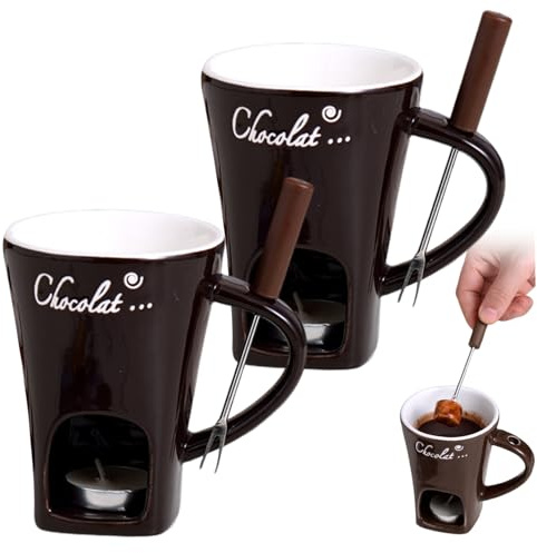 Tasse à fondue, 2 pièces, tasse à fondue au chocolat avec fourchette, chocolat en céramique avec poignée, grotte pour bougie chauffe-plat et trou pour tenir la fourchette, bougie chauffe-plat