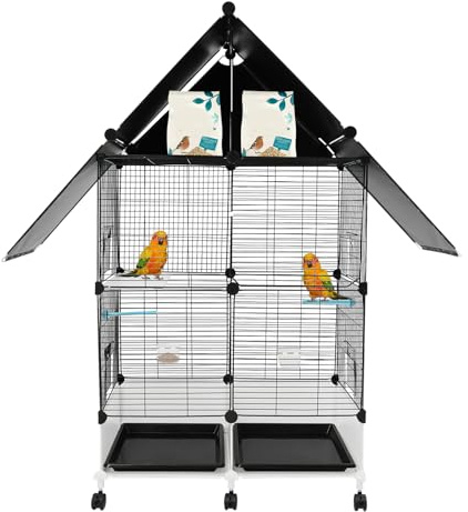 Großer Vogelkäfig mit 6 Bremsrollen, Vogelkäfig mit Dach, inkl. Zubehör für Wellensittiche, Kanarienvögel Nymphensittiche, 74x37x126cm, schwarz