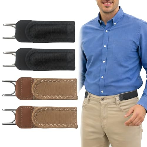 MKEOIEAU 4 pcs No Buckle Stretch Belts for Men, Metal Hook Buckless Elastic Waist Strap For Men Women, Adjustable Side Belt for Jeans Trousers (4, Black and Brown)