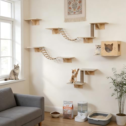12-teiliges Katzenregal-Set, Wandmontiertes Katzenspielzeug-Set mit Katzenbrücke und Kratzbaum, Großer Wandmontierter Kletterbaum-Aktivitätszentrum für Katzen, Kletterwand für Wohnungskatzen zum Schla