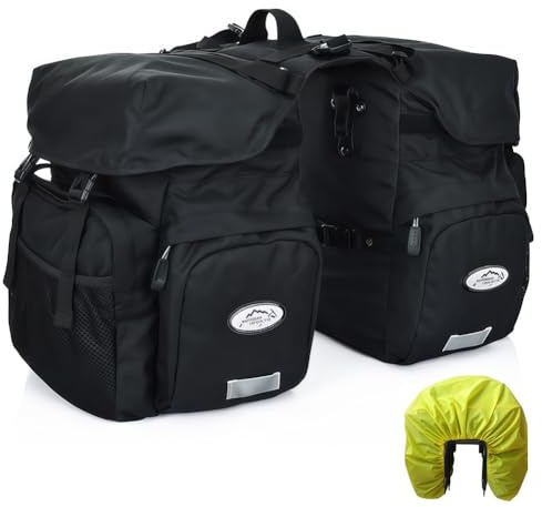 Alforjas para Bicicleta Impermeable Doble Bolsa Lateral, 50L Bolsa Trasera de Bicicleta para Portaequipajes, con Cubierta de Iluvia Reflectante Alforjas de Bicicleta, para Mountain Bike,Negro
