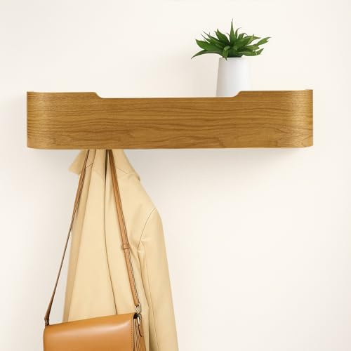 ARATERVIO Wandgarderobe mit 5 Haken und Ablagebrett, Garderobenleiste aus Holz in Modernem Design, Stabile Wandgarderobe mit 30kg Tragkraft für Flur, Schlafzimmer und Wohnung (Naturholz)