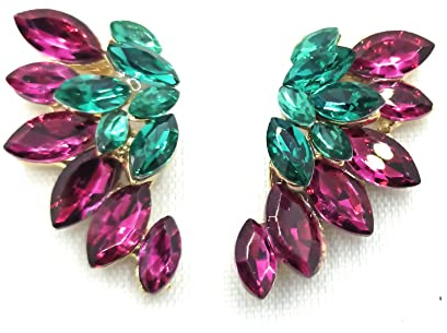Pendientes cristales coloridos mujer alta bisutería fiesta, chapado oro fucsia verde
