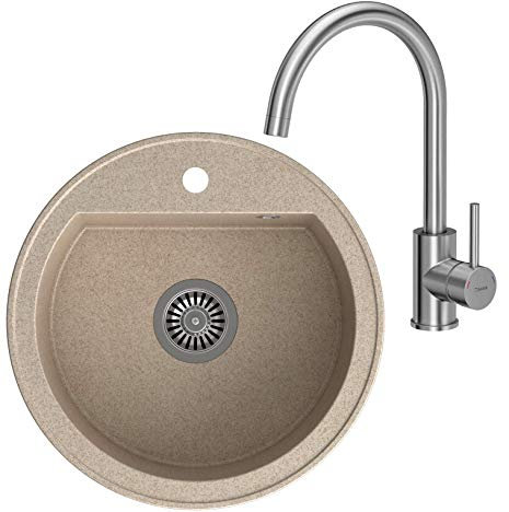 VBChome Spüle + Armatur 51 cm Beige Einbauspüle Einzelbecken Spülbecken gesprenkelt + Siphon Waschbecken + Wasserhahn Küchenarmatur Einhebel Mischbatterie