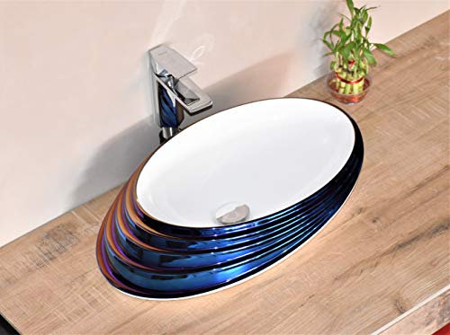 InArt Lavabo de salle de bain désigner Vasque à Poser en Céramique/vasque à poser salle de bain toilette lave main lavabo forme d'oeuf 520 x 380 x 130 MM (couleur blanc bleu)